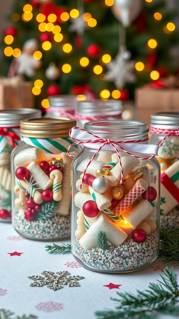 Festive Christmas Craft Jars Decorative Christmas craft jars filled with glitter and treats, showcased on a festive table.